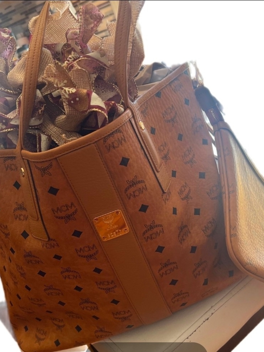 MCM Cognac Logo-Print Tote with Gold Plaque
